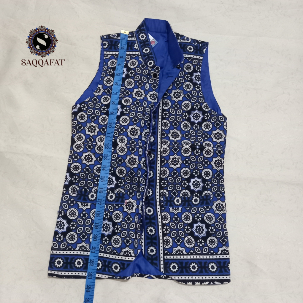 Blue Ajrak Design Waist Coat Koti 1